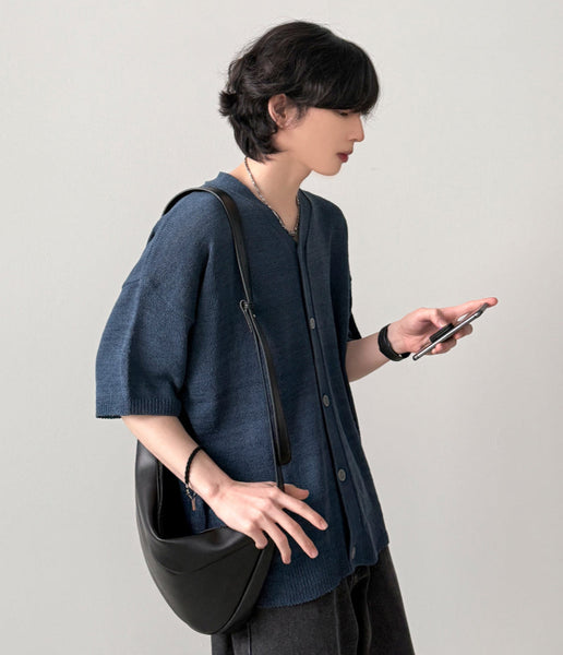【YOURNUS】Nerd V-neck Half Cardigan YOURNUS (ユアノス) - ナードVネック半袖カーディガン / Nerd V