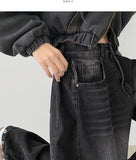 4 Seasons Washing Hem Snap Wide Balloon Denim Pants
