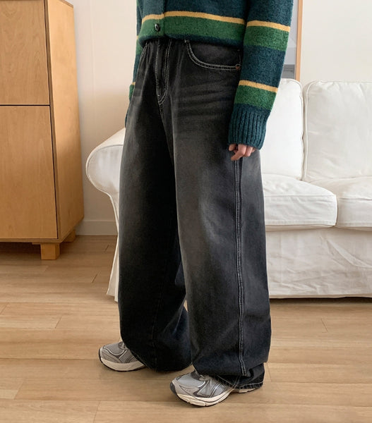 【BAON】Twin stitch washed denim wide pants BAON (バオン) - ツインステッチウォッシュ加工デニムワイド