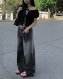 Mihen Ribbon Strap Puff Short Sleeve Blouse