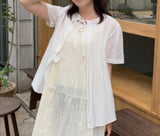 Hanoyu Shirring Ribbon Button Strap Short Sleeve Blouse
