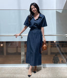 Inkaru denim collar shirt belt H-line skirt set