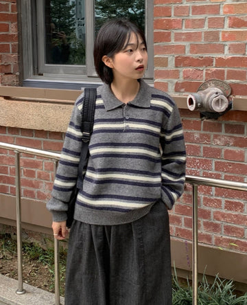 Tuttonly Button Stripe Collar Knit