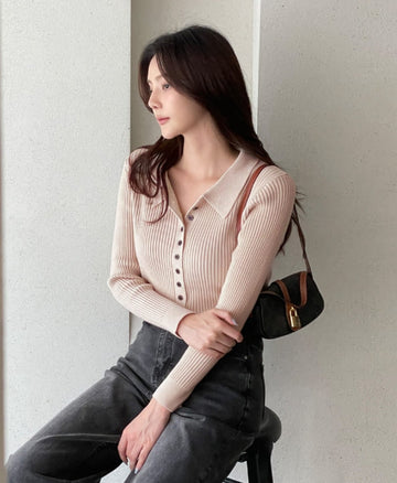 Roselle Collar Button Ribbed Knit Cardigan