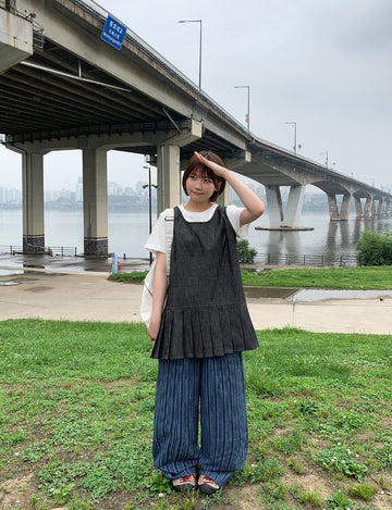 Hien Pleats Denim Layered Sleeveless One Piece