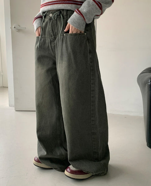 【BAON】Dottio String Washing Wide Pants BAON (バオン) - ドティオストリングウォッシュ加工ワイドパンツ