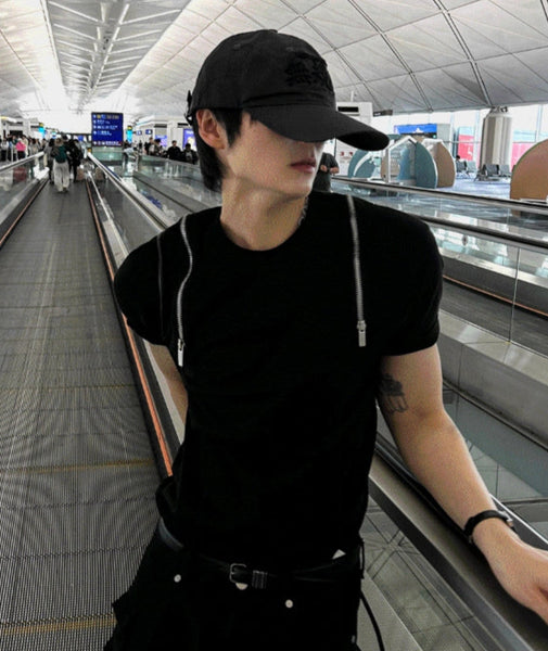 【COSYHARU】Shoulder Zipper Deep Black Short Sleeve T-shirt COSYHARU】Shoulder Zipper Deep Black Short Sleeve T-shirt