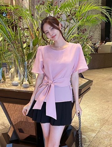 Eju Round Ribbon Strap Short Sleeve Blouse