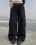 Denti Black Blue Cargo Strap Wide Pants