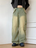 All Teen Vintage Yellow Washing Pocket Cargo Fringe Denim Long Wide Pants