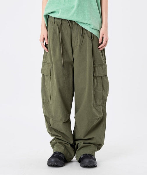 Raucohouse(ラウコハウス) - Waist string cotton wide cargo pants