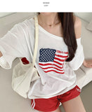 American Flag Loose Fit One Off Shoulder Short Sleeve T-shirt