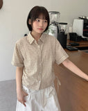 Elle shirring strap check roll-up short sleeve shirt