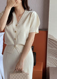 Elnia V-neck Puff Knit Cardigan H-Line Skirt Set