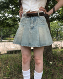 Sege Belt Denim Pleated Mini Skirt