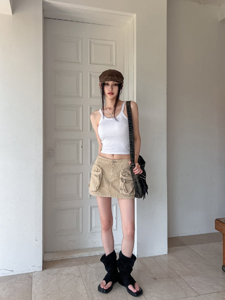 【U LAN】utility three-dimensional pocket mini skirt U LAN】utility three-dimensional pocket mini skirt