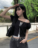 Mihen Ribbon Strap Puff Short Sleeve Blouse