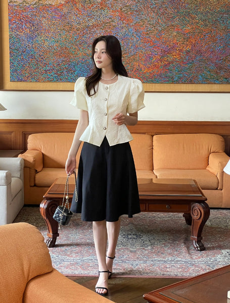 【I AM MARI】Luare Jacquard Puff Short Sleeve Blouse Jacket I AM MARI (アイアムマリ) - ルアージャカードパフ半袖ブラウス
