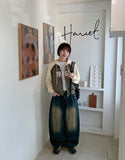 Dyuijeu ribbed washing wide denim pants
