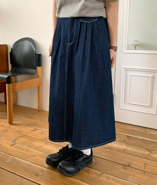 【BAON】Yeni Banding Pocket Pintuck Denim Long Skirt BAON (バオン) - イェニバンディングポケットピンタックデニム