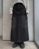 Flak Cargo Black Denim Long Skirt
