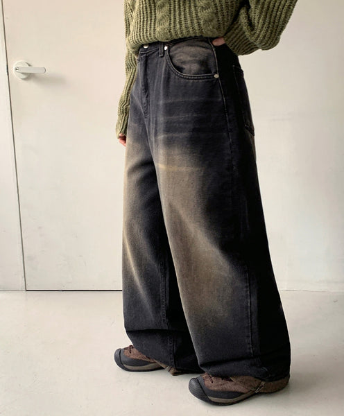 【BAON】Led color washed denim wide pants BAON (バオン) - レッドカラーウォッシュ加工デニムワイドパンツ