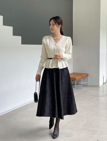 Tiamang Rose Jacquard Banding Flare Skirt