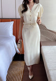 Elnia V-neck Puff Knit Cardigan H-Line Skirt Set