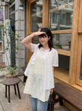 Hanoyu Shirring Ribbon Button Strap Short Sleeve Blouse
