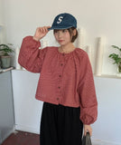 Hindel Check Shirring Cropped Long Sleeve Blouse