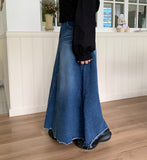 Elenit Cat Washing Flared Denim Long Skirt