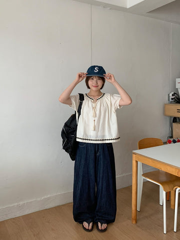 Yobei Vintage Ribbon Short Sleeve Blouse