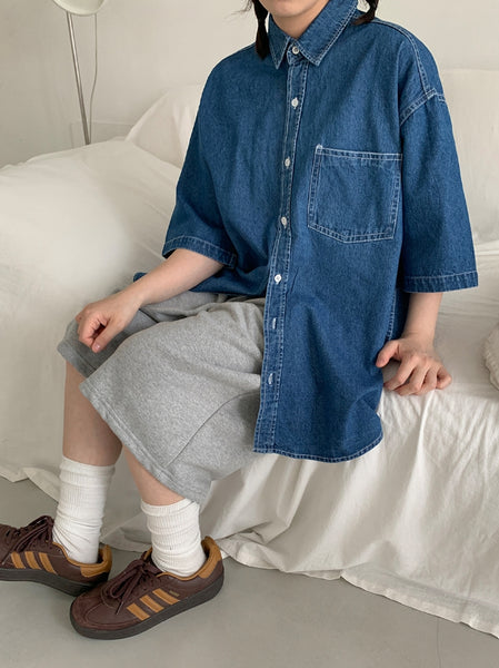 【BAON】[unisex] Neico Denim Over Short Sleeve Shirt BAON (バオン) - [男女兼用]ネイコデニムオーバー半袖シャツ