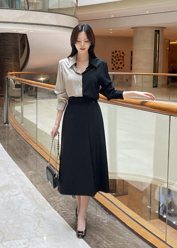 Belden Buckle Unbalance Pleated Long Skirt