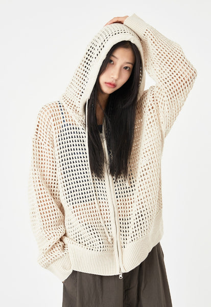 Mesh summer 2-way knit hood zip-up