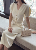Elnia V-neck Puff Knit Cardigan H-Line Skirt Set