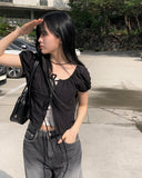 Mihen Ribbon Strap Puff Short Sleeve Blouse