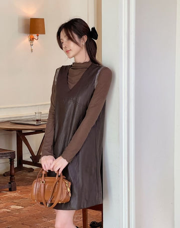 Cadell Layered See-Through Polar T-Shirt and Leather One Piece Set