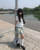 Sege Belt Denim Pleated Mini Skirt