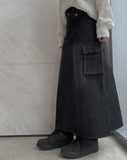 Flak Cargo Black Denim Long Skirt
