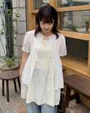 Hanoyu Shirring Ribbon Button Strap Short Sleeve Blouse