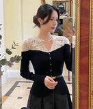 Shuel Lace Puff Color Matching Knit Cardigan