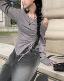 One Off Slit Shirring Long Sleeve T-shirt