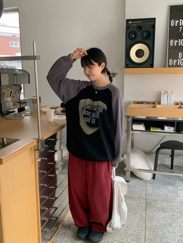Hoshino Heart Printing Ribbed Raglan Sweatshirt