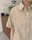 Elle shirring strap check roll-up short sleeve shirt