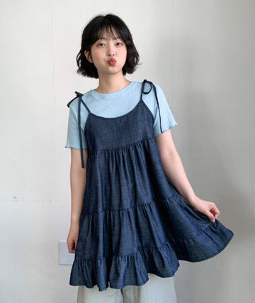 Yubun Denim Tiered Sleeveless Layered One Piece