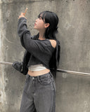 Leaven Off Slit Ribbon Crop Knit