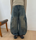Homens Denim Wide Balloon Cargo Pants