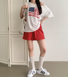 American Flag Loose Fit One Off Shoulder Short Sleeve T-shirt