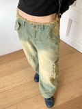 All Teen Vintage Yellow Washing Pocket Cargo Fringe Denim Long Wide Pants